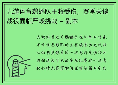 九游体育鹈鹕队主将受伤，赛季关键战役面临严峻挑战 - 副本